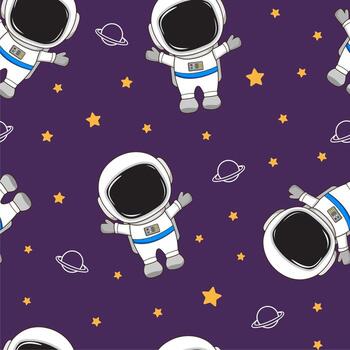cute astronaut in space with stars and planets seamless pattern background vector