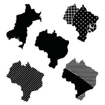 elegante negro y blanco resumen mapas un colección de cinco único regiones con geométrico patrones, aislado en blanco antecedentes vector