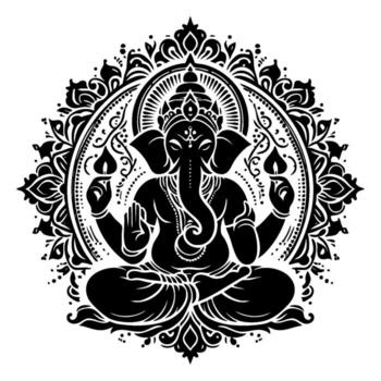 Featuring symmetrical patterns and religious symbols that represent wisdom and serenity, the bold black and white figure of Lord Ganesha sits in a meditative attitude. vector