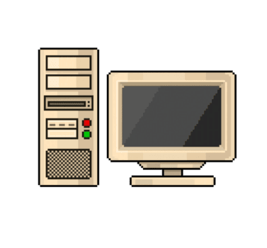 pixel arte di un vecchio computer con un' rotto tenere sotto controllo e un' stile retrò Astuccio png