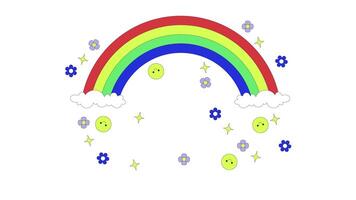 Y2K rainbow with smile faces, flowers and sparkles 2D cartoon object animation. Happiness, diversity and positivity. Optimistic. Positive vibes animated flat colorful item 4K isolated on white video
