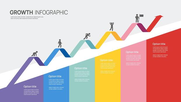 Colorful growth infographic template with zigzag arrow timeline 6 steps and Business timeline success icons. vector