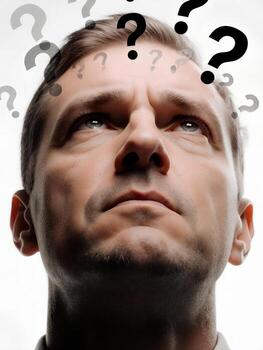 A thoughtful man surrounded by question marks is pondering a complex problem. photo