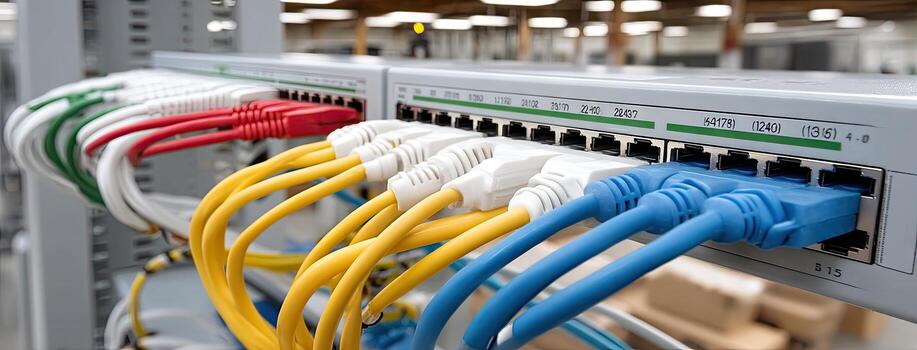 Colorful network cables connected to a switch in a data center during daylight hours in a high-tech facility photo