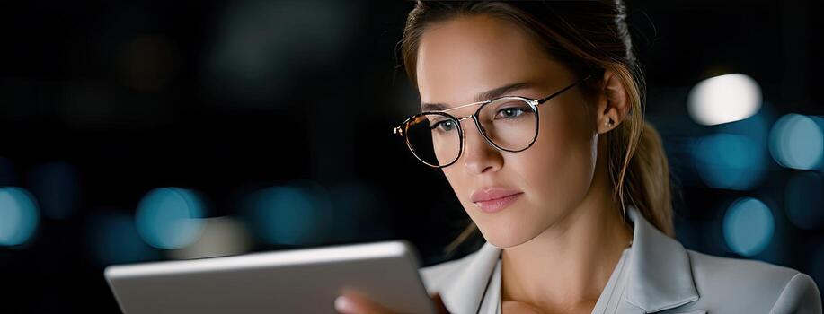 Woman engaged in digital reading during evening hours in a modern workspace with ambient lighting and a sleek design photo