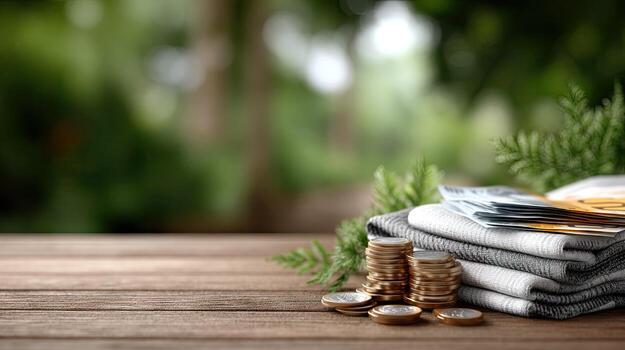 Money stacked on a wooden table with banknotes and coins surrounded by greenery in a bright and serene outdoor setting photo