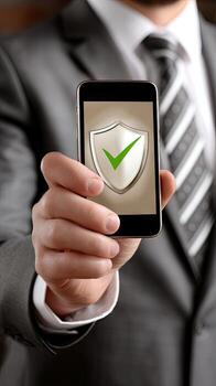 Business professional holding smartphone displaying security checkmark in office setting during daytime hours photo
