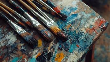 A collection of used paintbrushes rests atop a weathered 's palette, showcasing a rich tapestry of colors and textures. photo