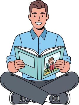 A man reading a book with a picture of a child vector