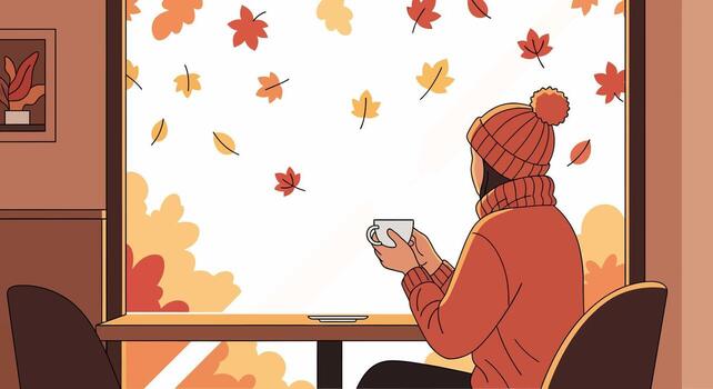 A person sitting at a table with a cup of coffee looking out the window vector