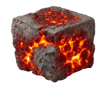 smält sten magma lysande kub isolerat genomskinlighet bakgrund eldig varm texturerad vulkanisk. kub av lysande smält sten med eldig sprickor och grov textur isolerat genomskinlighet bakgrund png