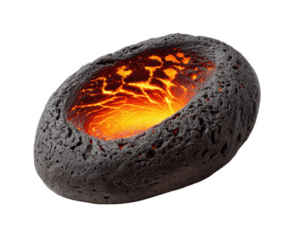 Molten rock magma glowing volcanic isolated object fiery textured side view transparency background. glowing molten rock with fiery magma center rough textured surface isolated transparency png