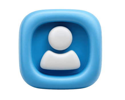 User icon blue square button, 3D render, white person symbol, modern digital interface, isolated on transparent background, minimal style, technology concept png