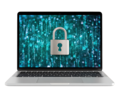 computador portátil com digital cadeado em tela, brilhando azul matriz código fundo, simbolizando cíber segurança, dados proteção, privacidade, e seguro tecnologia dentro moderno digital meio Ambiente png