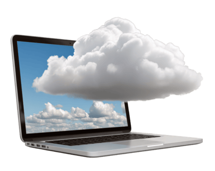 bärbar dator moln teknologi digital datoranvändning internet data lagring modern innovation. bärbar dator med stor moln framväxande från skärm symboliserar moln datoranvändning digital data lagring och modern png