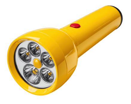 gul ficklampa med flera olika led lökar, röd knapp, och hållbar plast kropp, isolerat på genomskinlighet bakgrund, idealisk för nödsituation, camping, och multipurpose använda sig av png