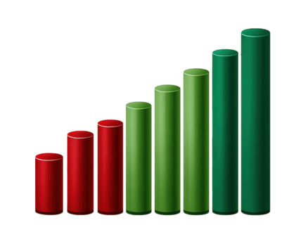 3D bar chart with red and green columns, straight side view, representing financial growth, business data, or stock market performance, isolated on transparency background png