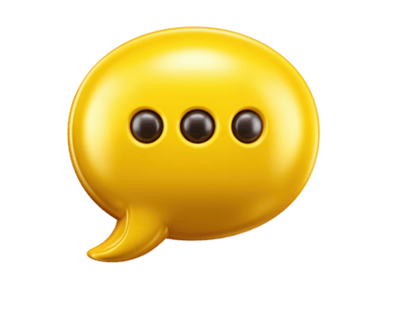 Yellow chat bubble icon with three black dots, glossy 3D style, isolated on transparency background, symbolizing communication, conversation, and messaging in modern digital context png
