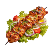 Grilled chicken skewer with fresh salad and vegetables on transparent background png