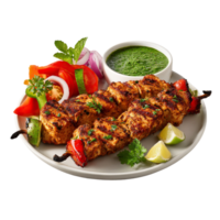 Delicious grilled chicken tikka skewers with green chutney on transparent background png