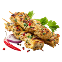 Delicious grilled chicken skewers garnished with chili and herbs on transparent background png