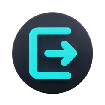 een helder cyaan Uitgang icoon met een pijl richten Rechtsaf Aan een donker grijs circulaire achtergrond geïsoleerd Aan transparant achtergrond png