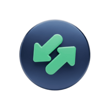 3d render of two green arrows, one pointing down and left, the other up and right, on a dark blue circular background isolated on transparent background png