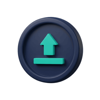 en 3d illustration av ett ladda upp ikon med en grön pil pekande uppåt på en mörk blå cirkulär bakgrund, isolerat på en transparent bakgrund png