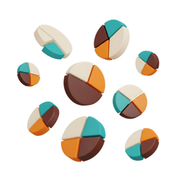 Scattered 3d pie chart segments in various colors and sizes isolated on transparent background png