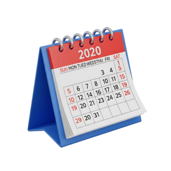 un' 3d rendere di un' 2020 scrivania calendario con un' rosso intestazione e blu In piedi, isolato su trasparente sfondo png