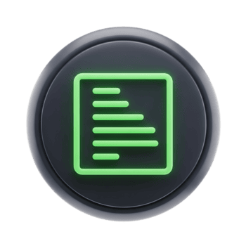 A 3d render of a dark circular button with a neon green outline of text lines, isolated on transparent background png