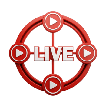 3d render of a red circular icon with live text and play buttons, isolated on transparent background png