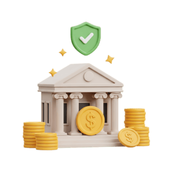 3d illustrazione di un' banca edificio con pile di monete e un' scudo con un' segno di spunta, isolato su trasparente sfondo png