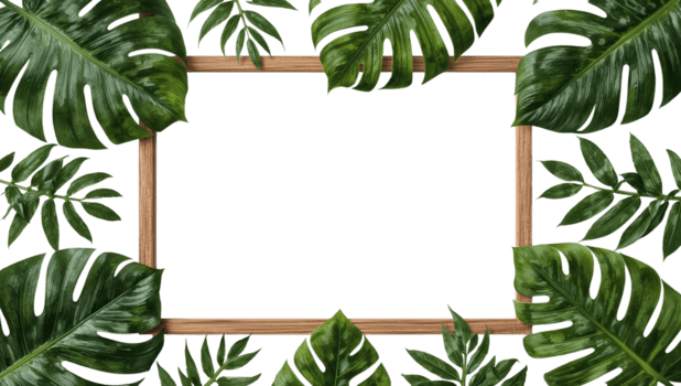 Tropical leaves frame with empty space for text, isolated on a transparent layer ideal for summer png