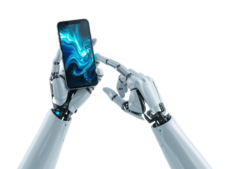 futuristische robot handen interactie met een smartphone weergeven dynamisch gloeiend patronen Aan png