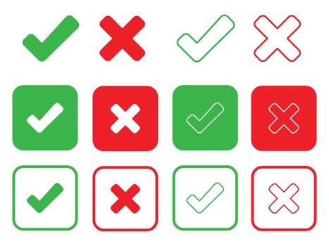 Check mark and cross symbols in various styles isolated on white background vector