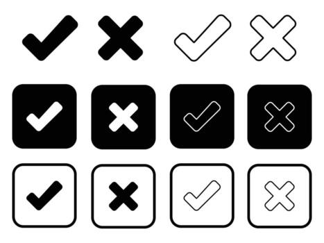 Check mark and cross symbols in black and white isolated on white background vector