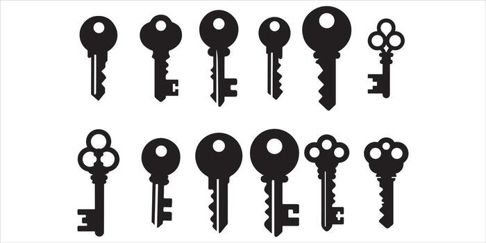 Antique key silhouettes isolated on white background for security and design projects vector