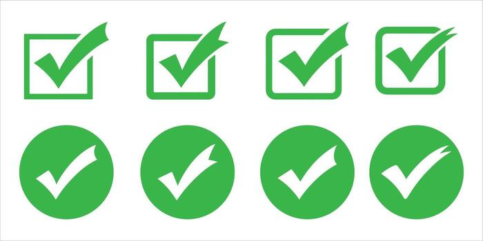 Green check mark symbols in square and circle shapes isolated on white background icon vector