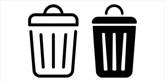Two trash cans isolated on white background, one in outline and one solid vector