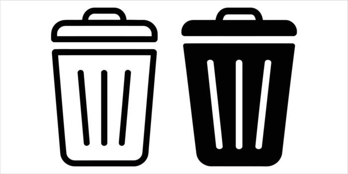 Two trash cans with open lids isolated on white background, one is solid black symbol vector