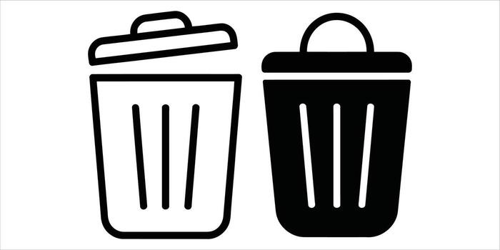 Two trash cans with open lids isolated on white background, one is solid black icon vector