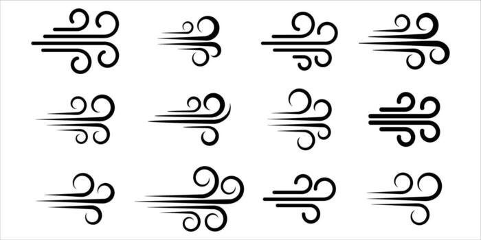 Set of wind icons isolated on white background, conveying movement and air flow vector