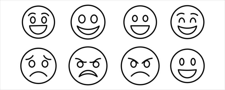 Set of simple line art emoticons with different facial expressions isolated on white background vector