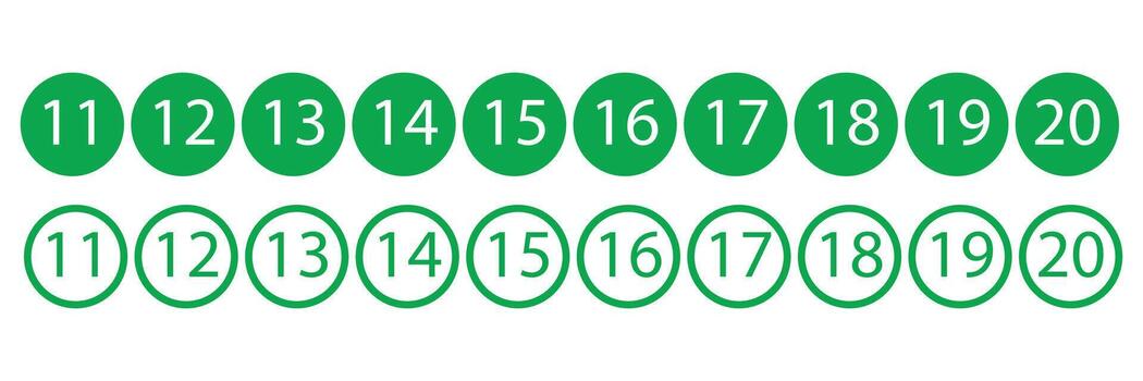 Green numbers from eleven to twenty in circles isolated on white background vector