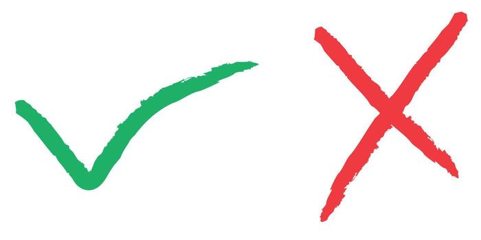 Green check mark and red cross isolated on white background for validation vector