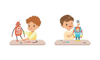 Cute Boys Creating Robot Models Set, Kids Engineers Building Robotic Technology, Hobby or Future Profession Concept Cartoon Illustration vector