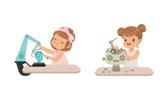 Cute Girls Creating Robot Models Set, Kids Building Robotic Technology, Hobby or Future Profession Concept Cartoon Illustration vector