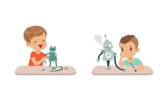 Cute Boys Creating Robot Models Set, Kids Building Robots, Hobby or Future Profession Concept Cartoon Illustration vector