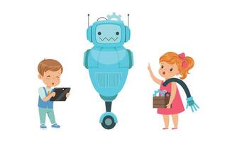 Cute Boy and Girl Creating Robot Model Set, Kids Building Robot with Computer Equipment Programming, Hobby or Future Profession Concept Cartoon Illustration vector